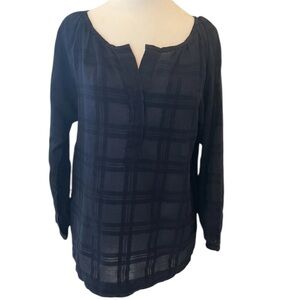 Ann Taylor LOFT Navy Plaid Textured Pullover Blouse Top SZ Small Semi Sheer Airy